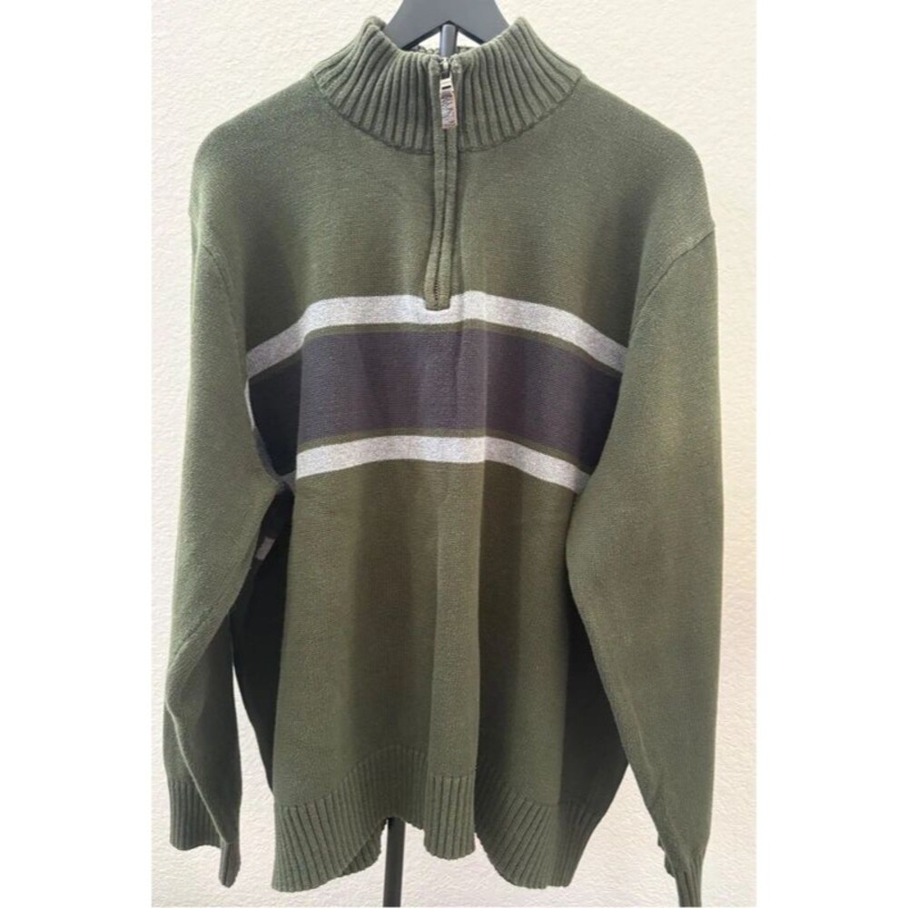 Eddie Bauer Men’s 1/4 Zip Striped Knit Sweater Olive Green Size XL